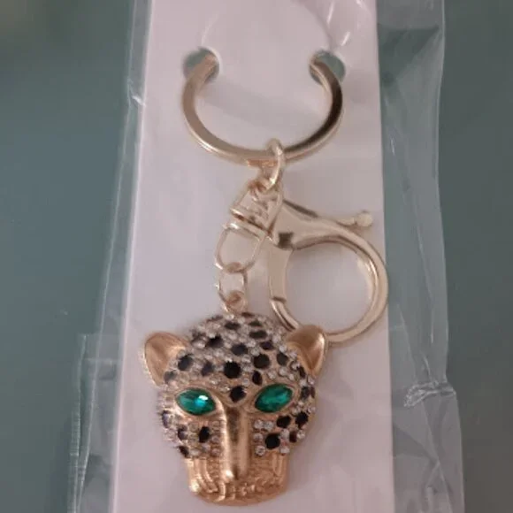 MINT Cheetah Gold Black Enamel Green & Clear Crystals Purse Charm Key Chain**NEW - Picture 3 of 7